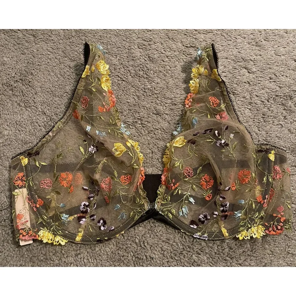 Victorias Secret DREAM ANGELS Unlined Plunge Bra Embroidered Mesh 38B Floral